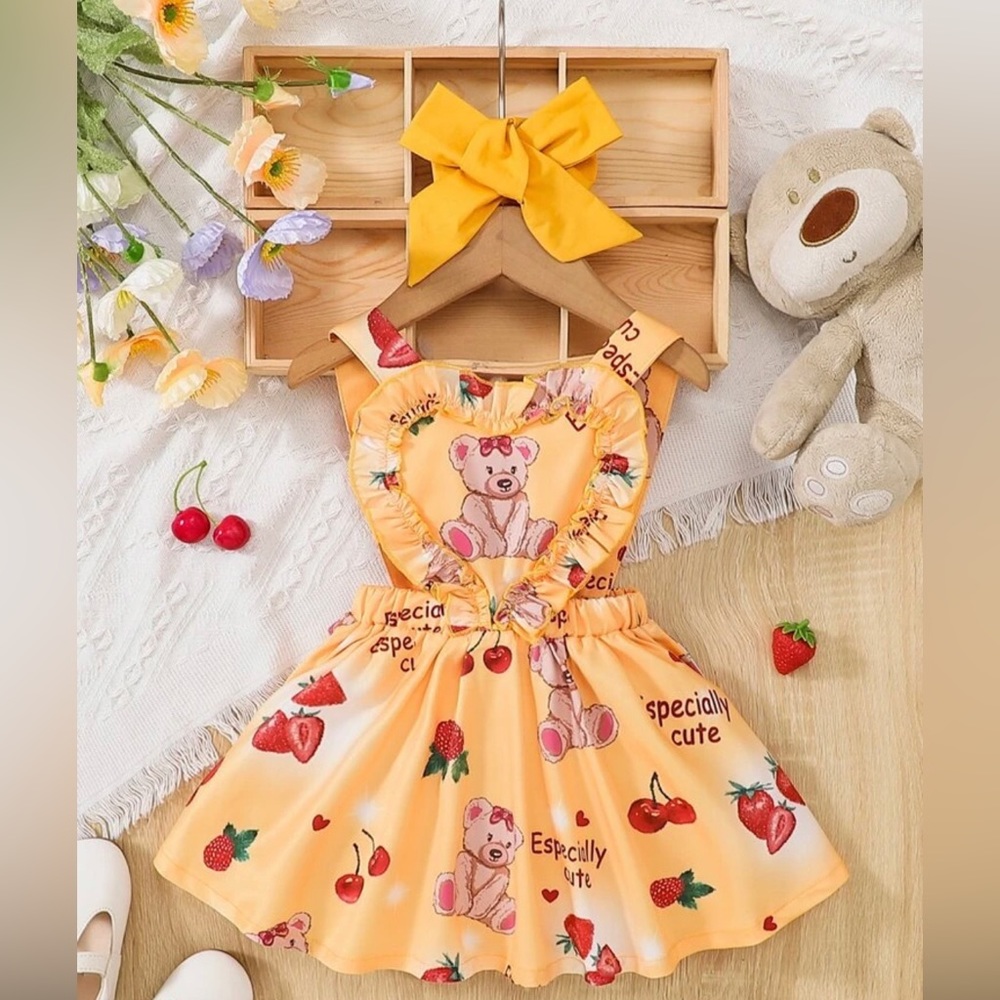 Baby Bear “Especially Cute” Fruit Pinafore Ruffle Easter Dress - YELLOW